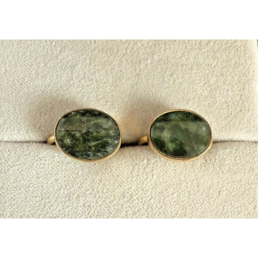 Vintage Bal-Ron 12K GF Nephrite Jade Screw-Back Earrings Green Oval Cabochons